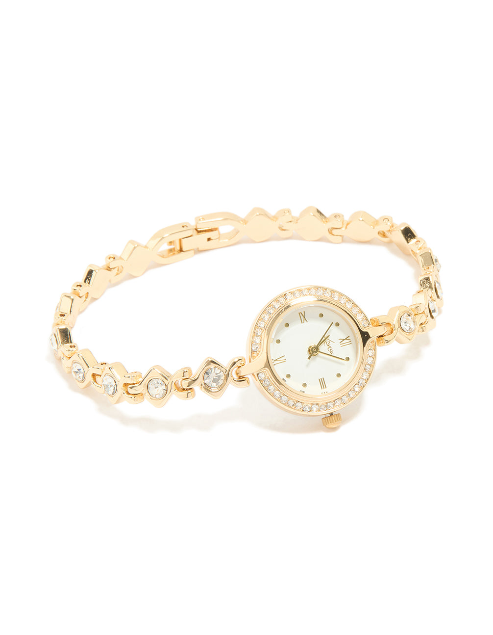 Shop this gold diamante dainty round watch featuring cubic zirconia ,round shape, white dial, roman numerals, link band strap, women's casual analog type front view