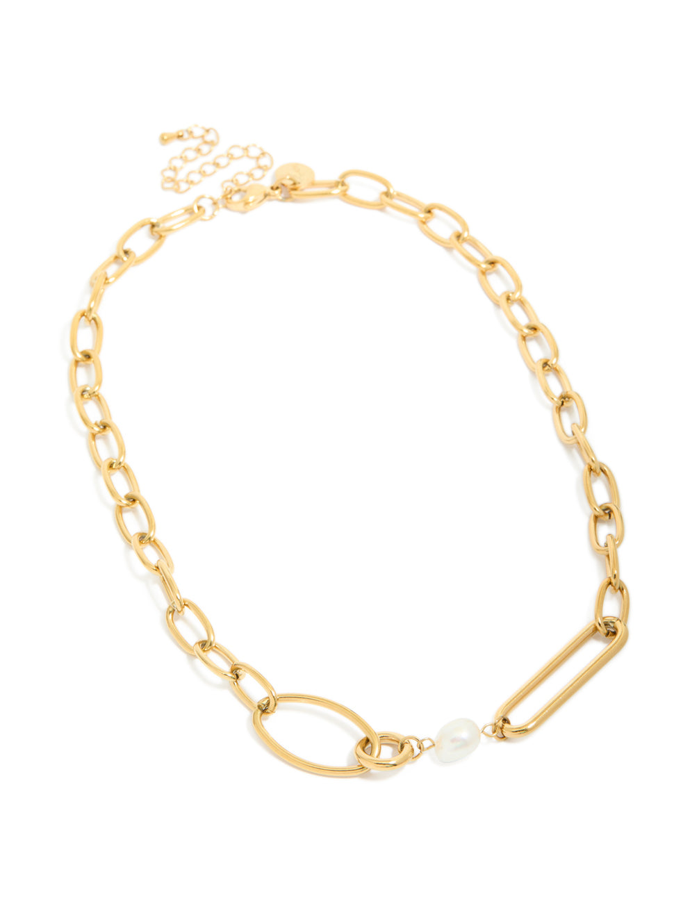 Elegant waterproof irregular paperclip chain necklace with freshwater pearl in gold plated stainless steel front view
