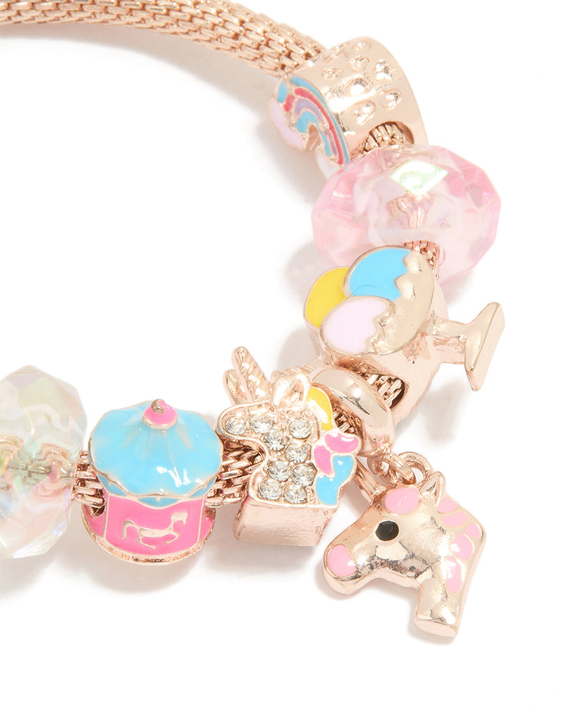Kids Rose Gold Diamante Unicorn & Pink Bead Charm Bracelet - Lovisa