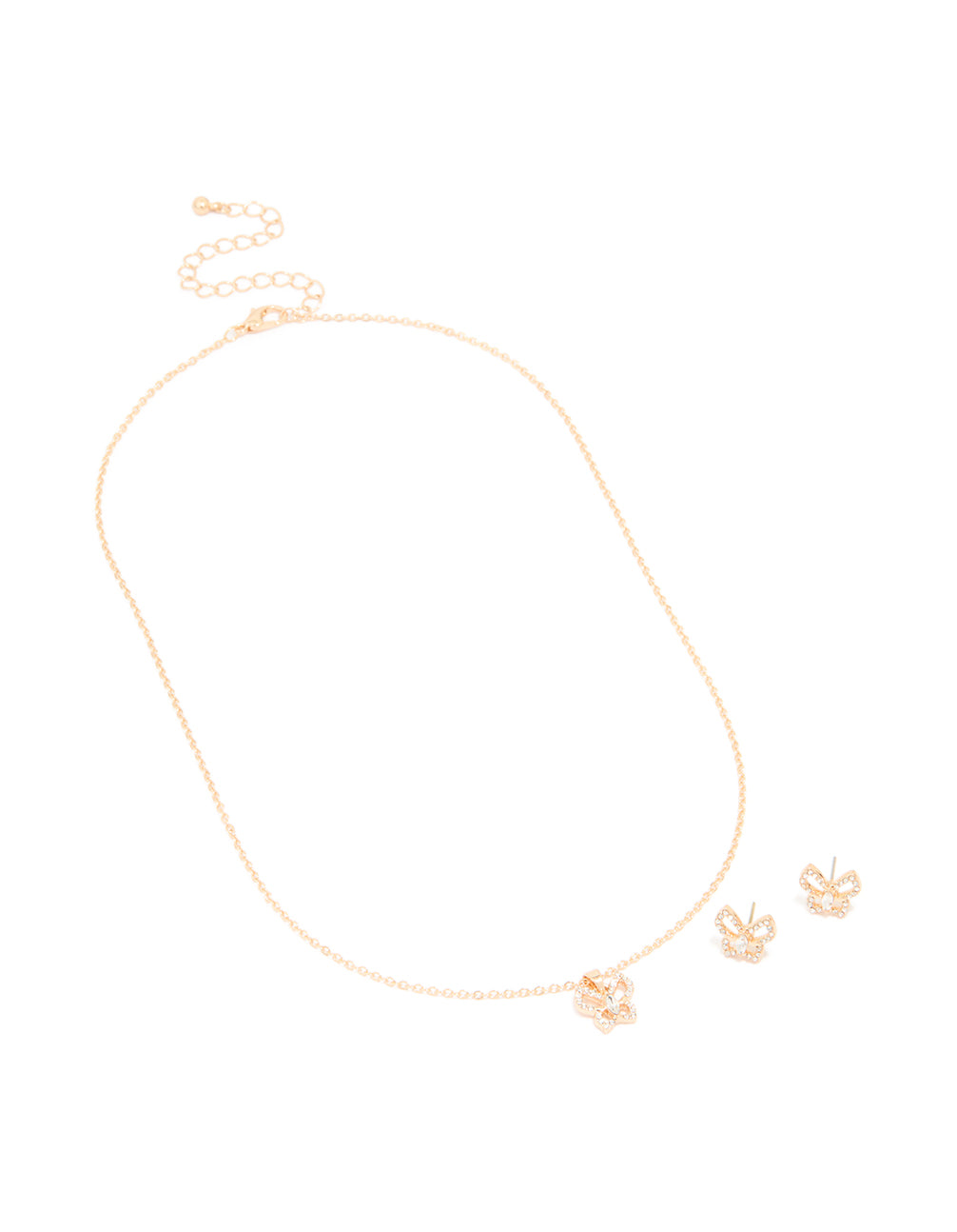 Gold Diamante Butterfly Stud Earrings & Necklace Set