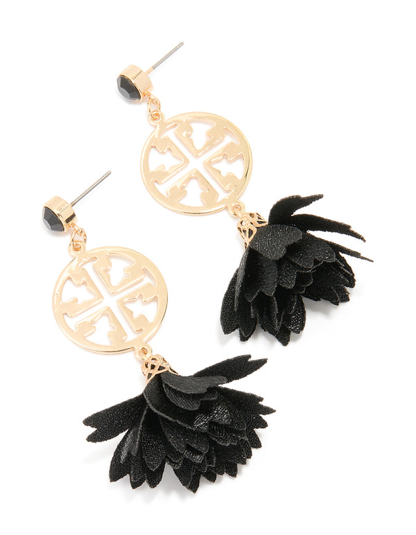Gold Diamante Black Textured Fabric Drop Earrings