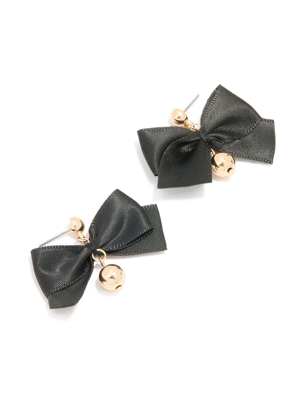 Gold Black Fabric Bow Ball Drop Earrings