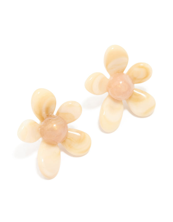 Showcasing acrylic flower stud earrings featuring floral pattern in peachpuff and bisque colors front view