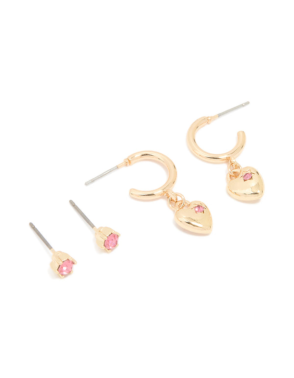 Gold Pink Diamante Heart Huggie & Stud Earrings 2-Pack