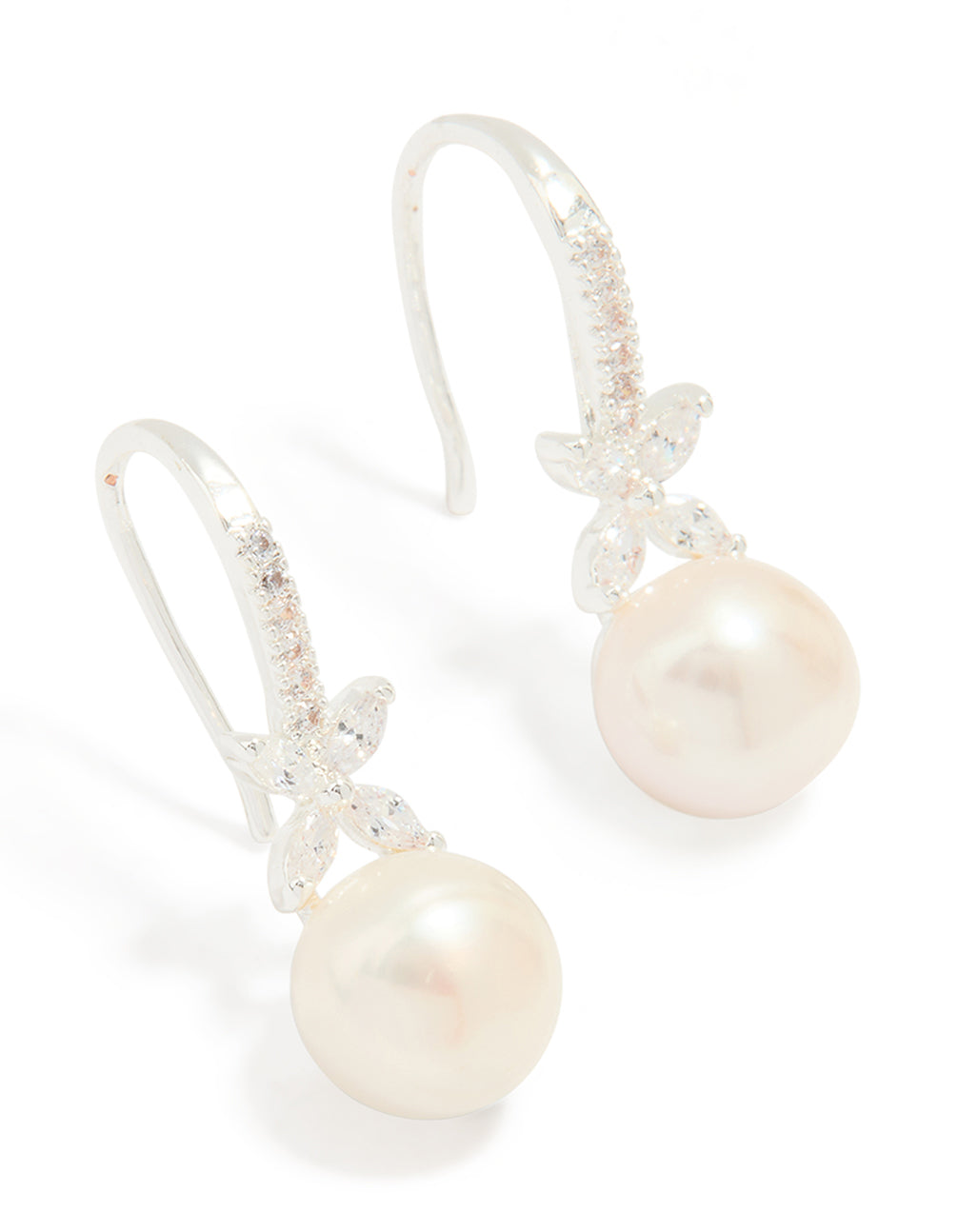 Silver Plated Pearl & Flower Hook Earrings