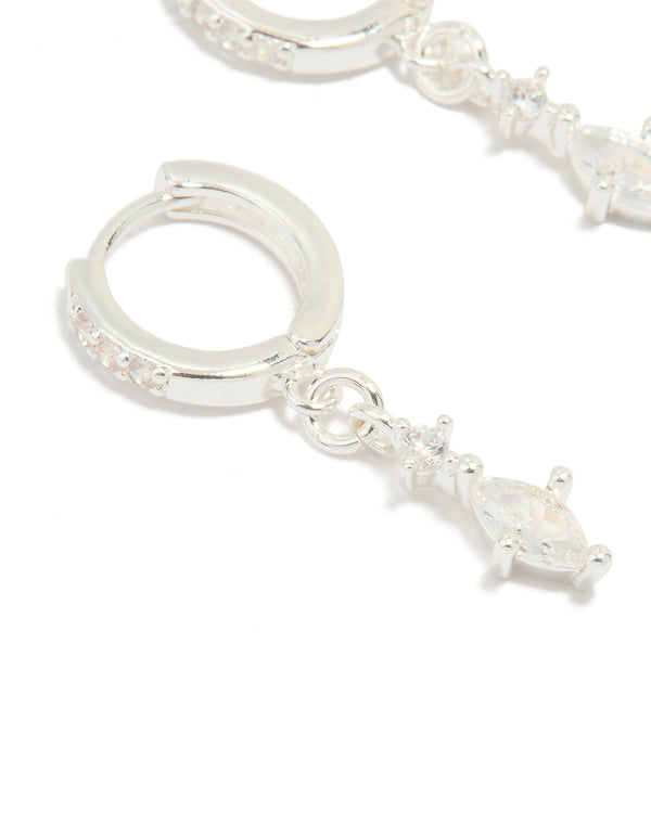 Silver Plated Cubic Zirconia Marquise Drop Huggie Earrings