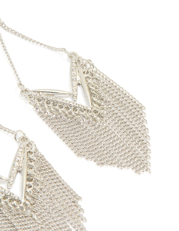 Silver Diamante Tassel Kite Earrings