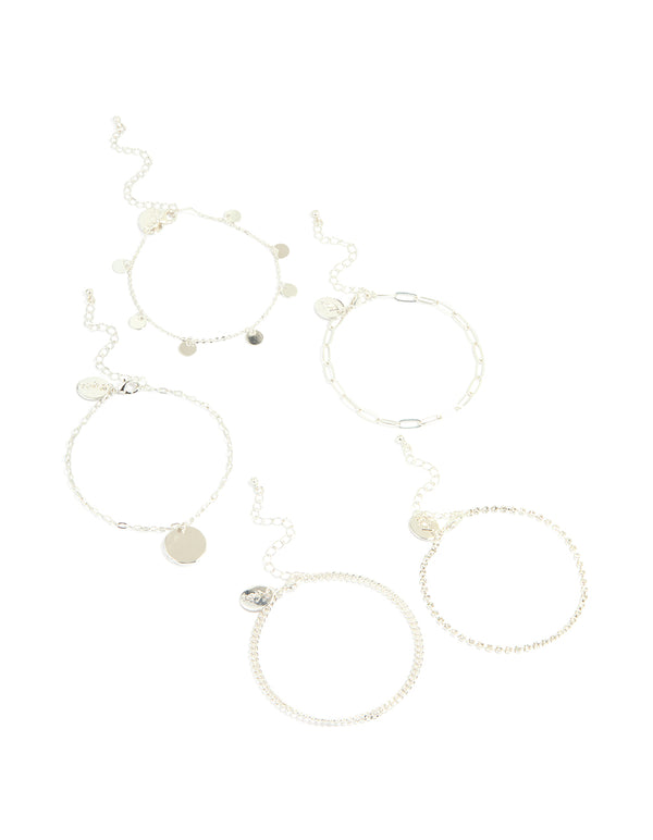 Silver Diamante & Flat Disc Bracelets 5-Pack