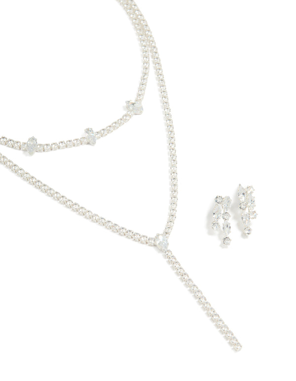 Silver Cubic Zirconia Y-Necklace & Drop Earrings Set