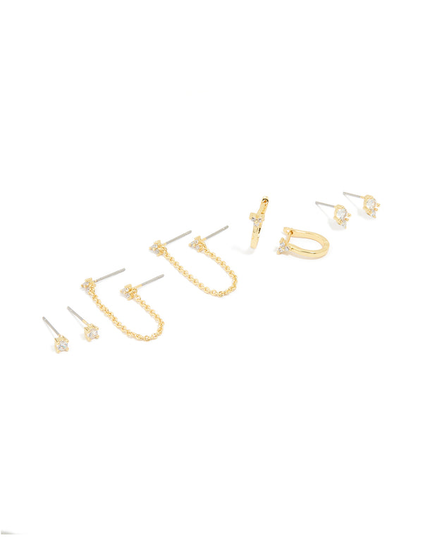 Gold Plated Cubic Zirconia Dainty Chain & Mixed Earrings 5-Pack
