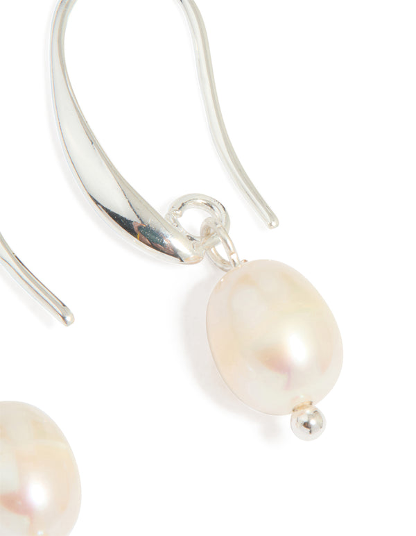 Silver Plated Freshwater Pearl Medium Hook Drop Earrings