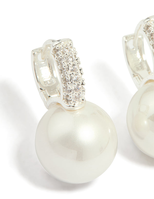 Silver Plated Large Pearl Drop Cubic Zirconia Huggie Earrings
