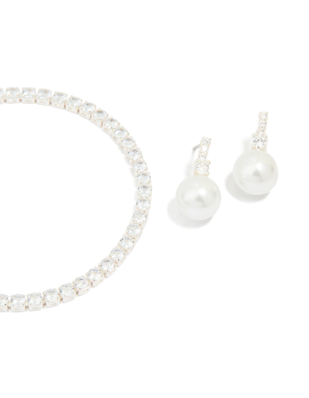 Silver Plated Cubic Zirconia Pearl Earrings & Tennis Bracelet Set