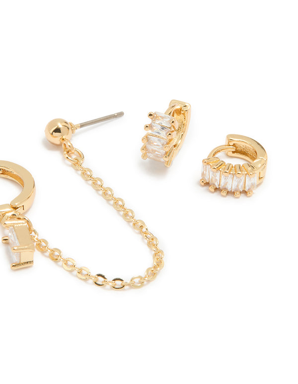 Gold Plated Baguette Huggie & Chain Earrings 4-Pack