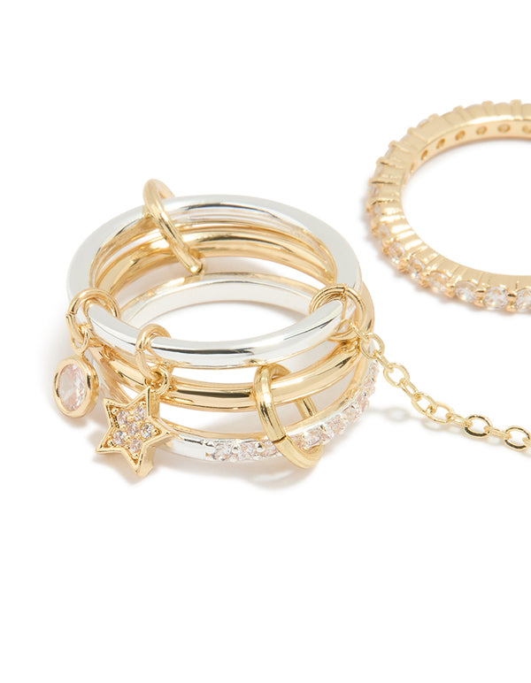 Mixed Metal Cubic Zirconia Star Charm Chain Interconnected Ring