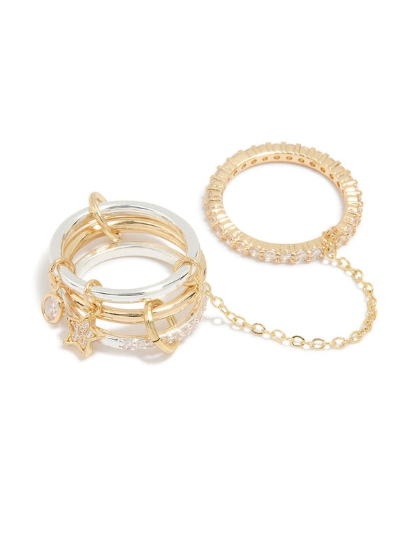 Mixed Metal Cubic Zirconia Star Charm Chain Interconnected Ring