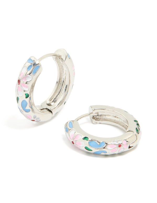 Silver Blue & Pink Enamel Flower Design Hoop Earrings