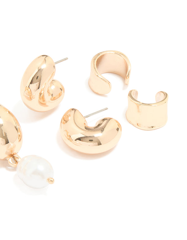Gold Chunky Hoops & Ear Cuffs 4-Pack