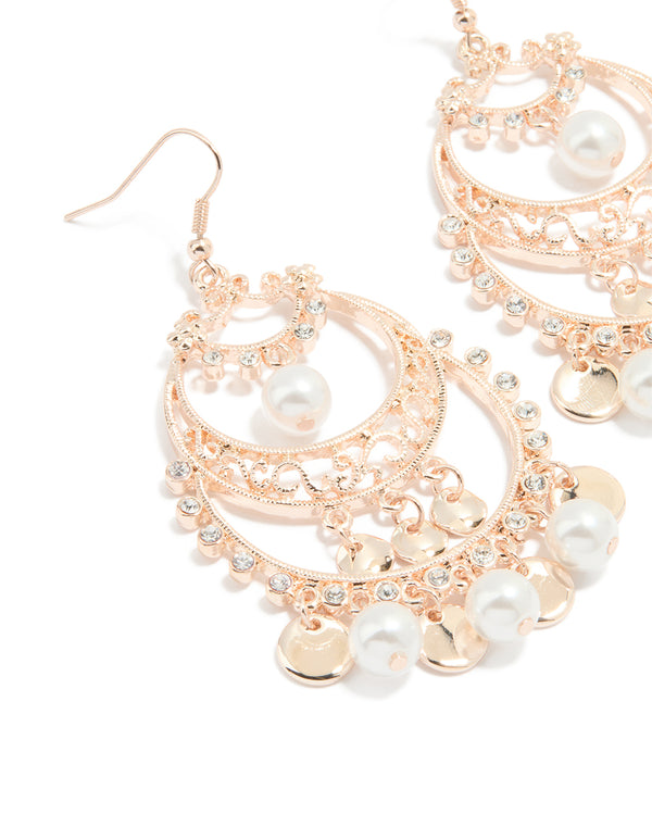 Rose Gold Pearl Diamante Cut Out Patterned Drop Earrings