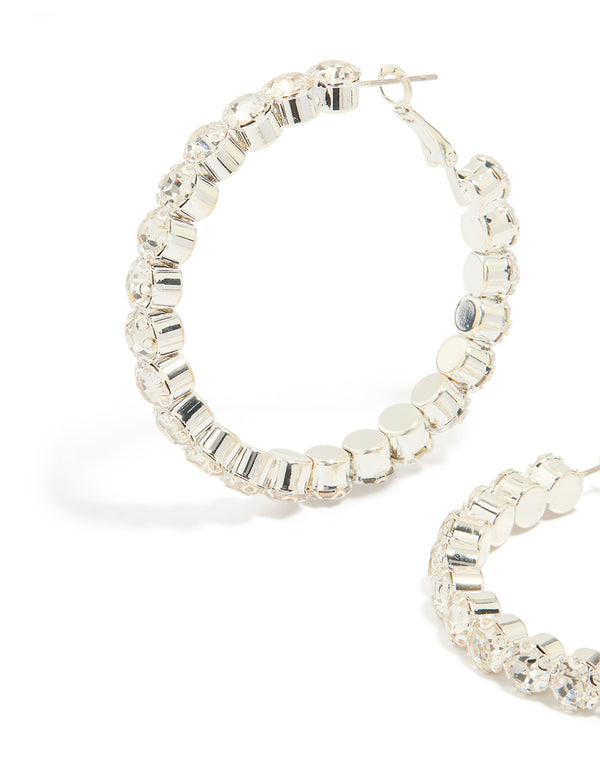 Silver Diamante Detailed Thick Hoop Earrings