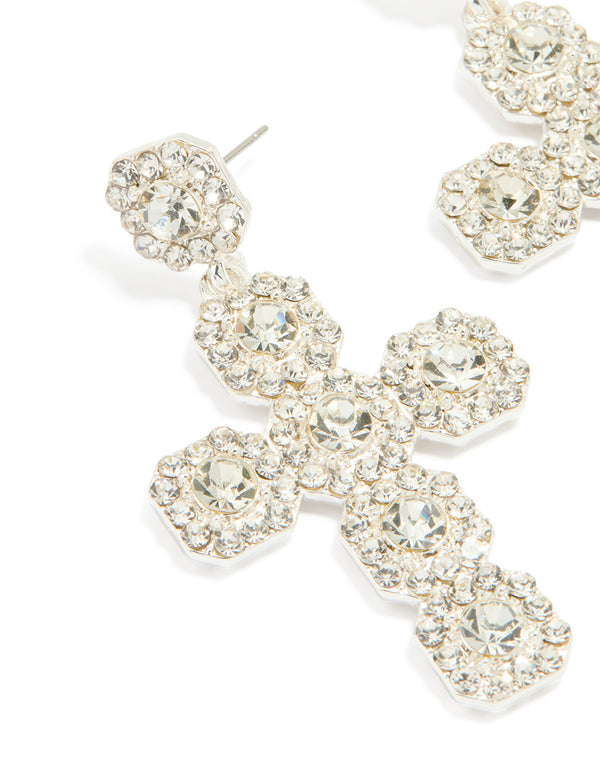 Silver Diamante Cross Drop Stud Earrings
