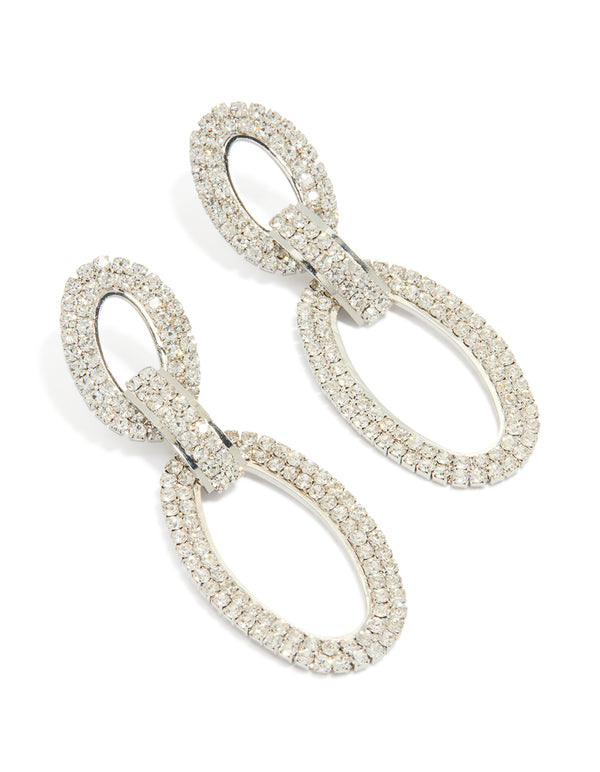 Silver Diamante Oval Chain Earrings