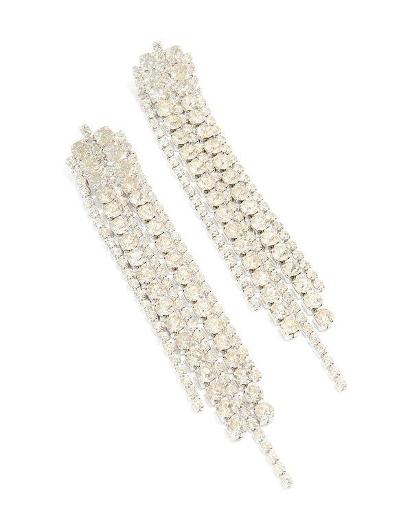 Silver Diamante Cup Chain Mixed Length Drop Earrings