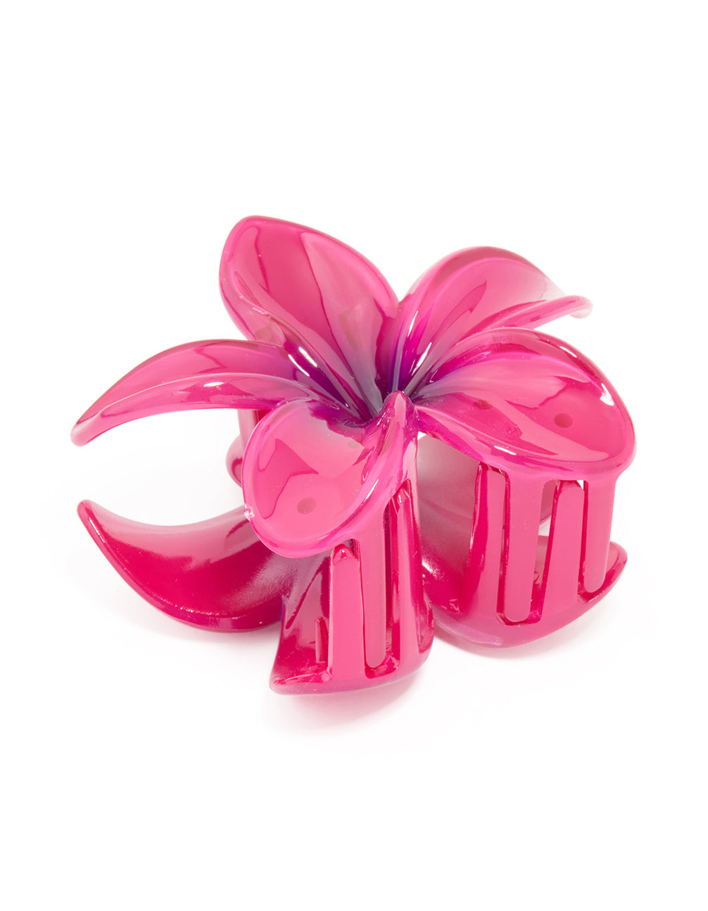 Featuring pink ombre frangipani claw clip with floral design in hot and deep pink front view