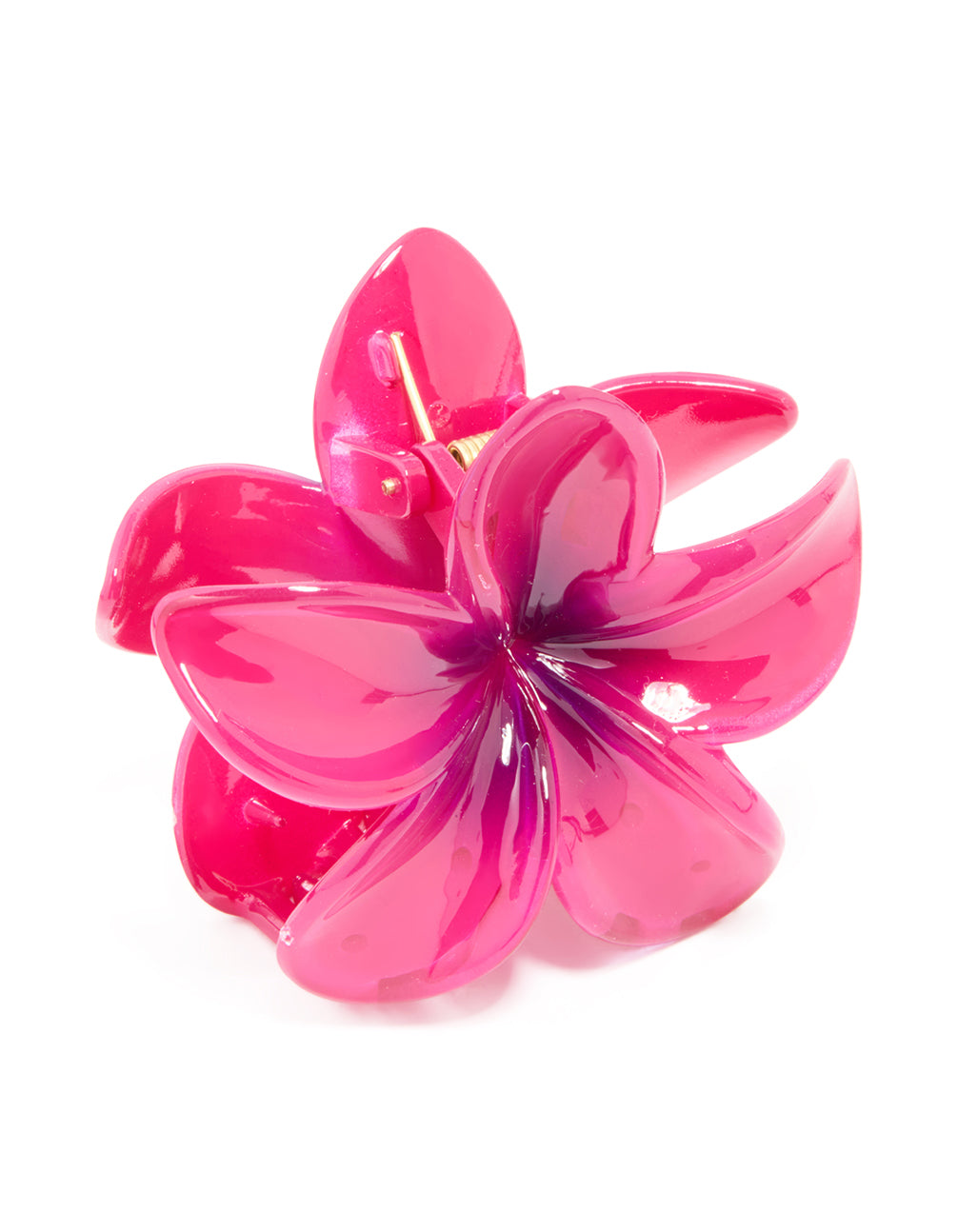 Showcasing pink ombre frangipani claw clip featuring floral design in hot and deep pink side view