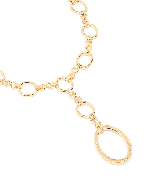 Gold Plated Oval Link Hammered Large Y-Necklace