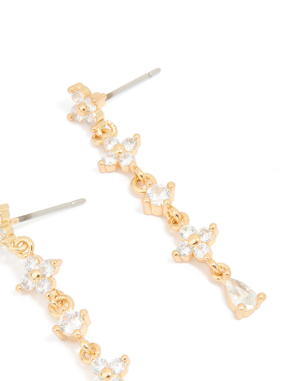 Gold Plated Cubic Zirconia Flower Drop Earrings
