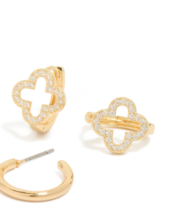 Gold Plated Cubic Zirconia Flower & Plain Huggie Earrings 2-Pack