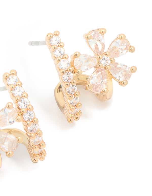 Gold Plated Cubic Zirconia Flower Ear Jacket Earrings