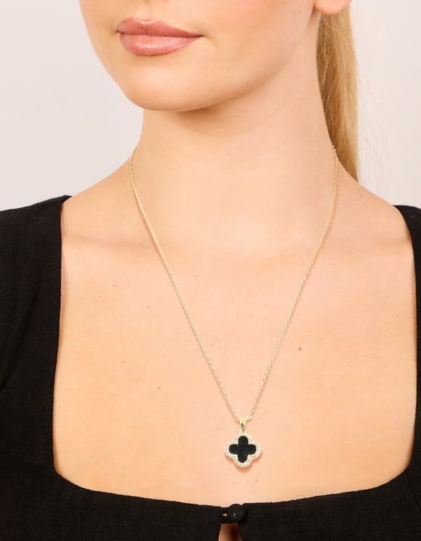 Gold Plated Diamante Outline Black Flower Pendant Necklace