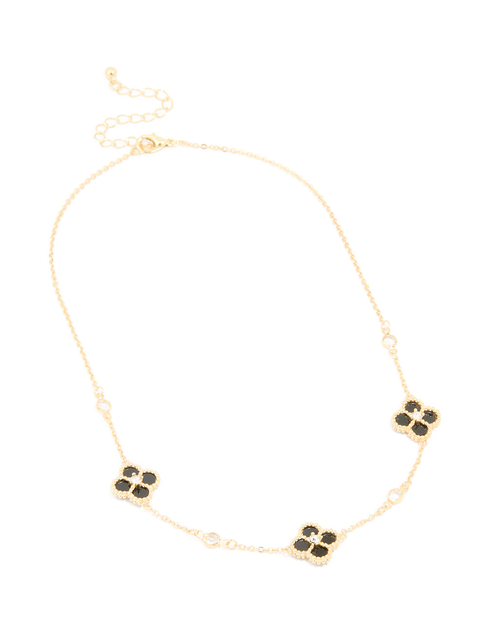 Gold Plated Cubic Zirconia Black Flower Trio Station Necklace