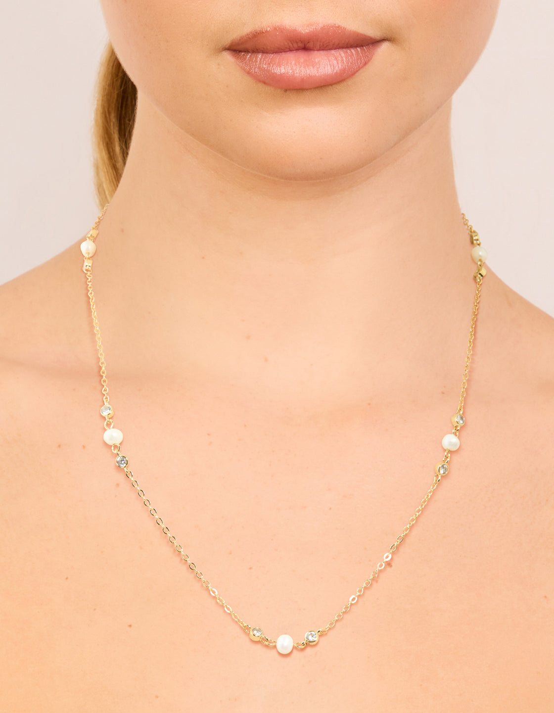 Gold Plated Cubic Zirconia & Freshwater Pearl Dainty Station Necklace