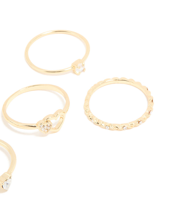 Gold Plated Diamante Heart Wavy Rings 6-Pack