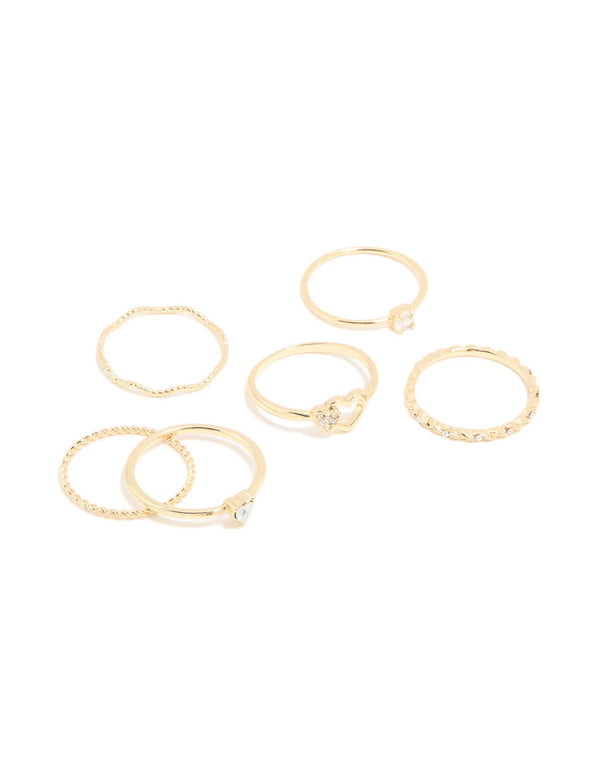 Gold Plated Diamante Heart Wavy Rings 6-Pack