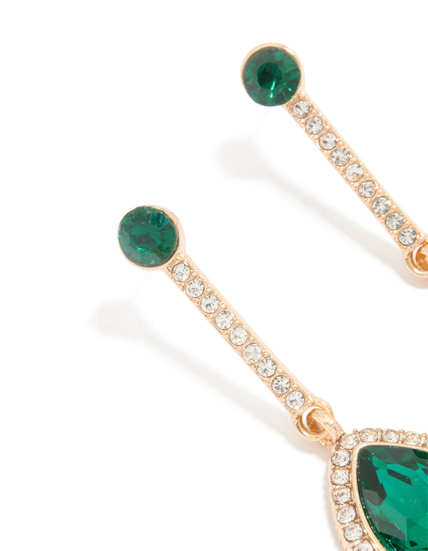 Gold Green Diamante Teardrop Earrings