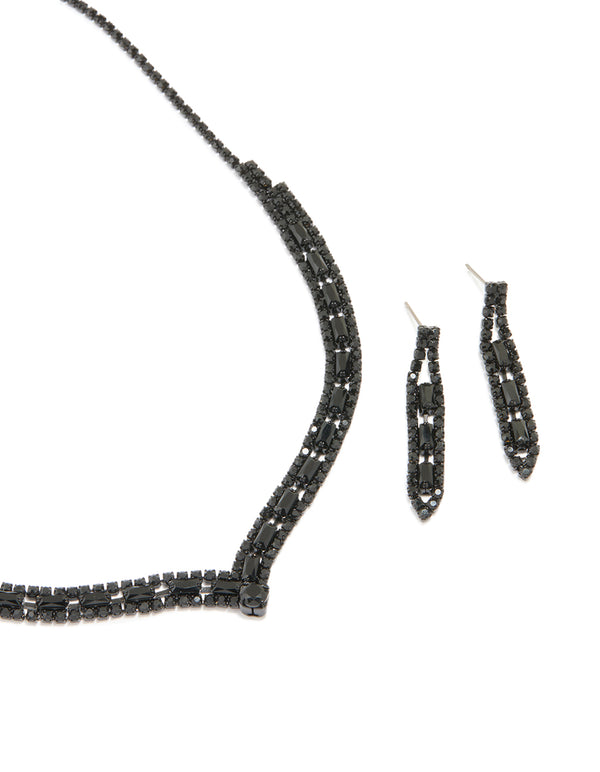 Black Coated Metal Rectangle Pointed Necklace & Earrings Set