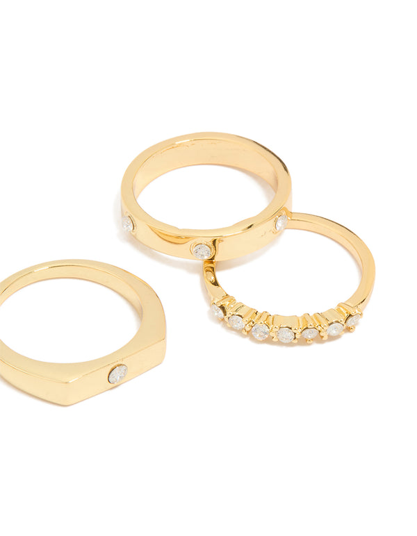 Gold Plated Diamante Inlay & Band Rings 4-Pack