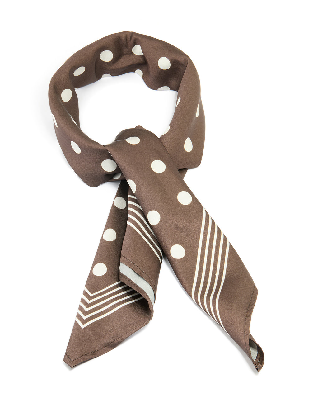 Elegant polka dot scarf in rosy brown and ivory striped detail front view