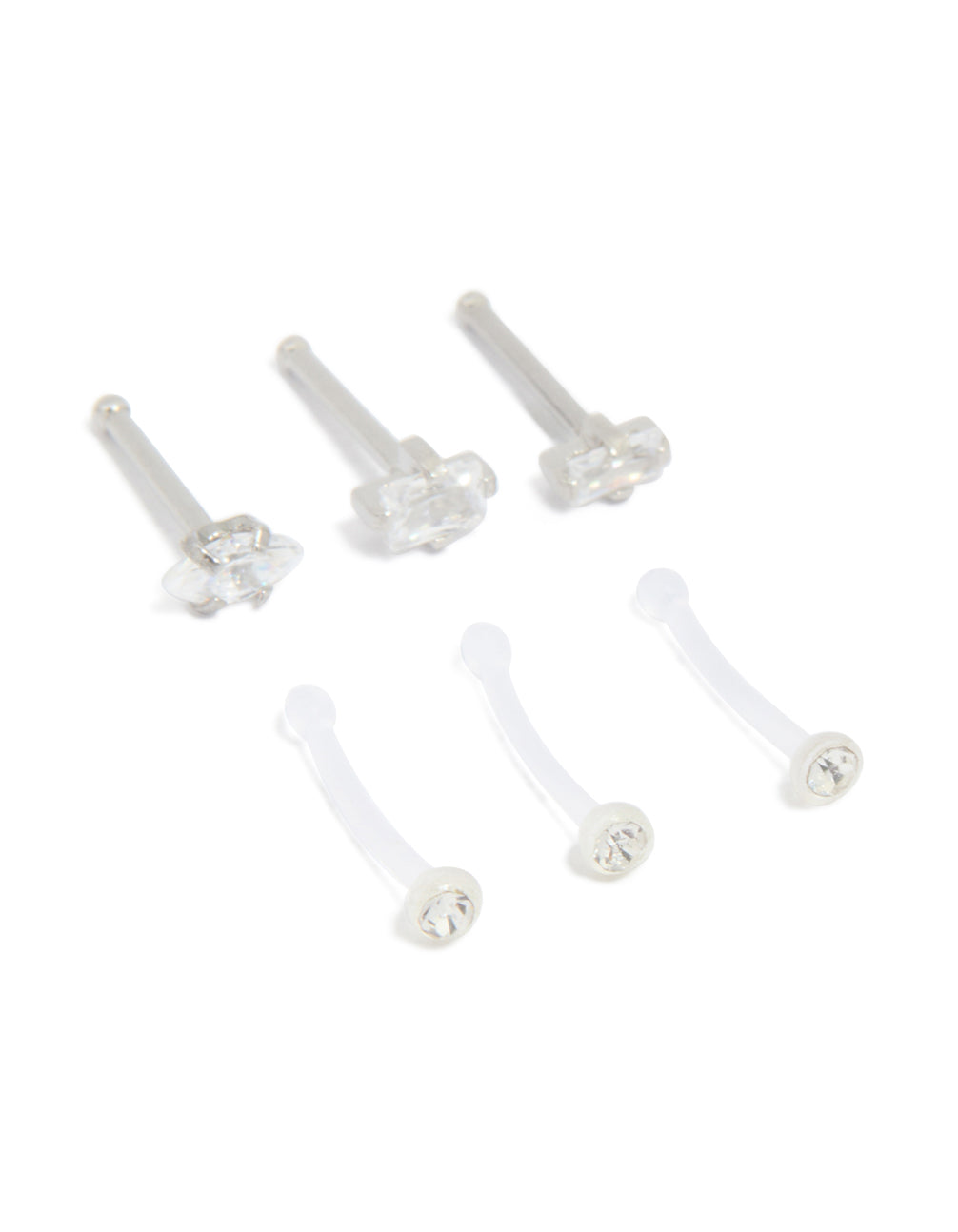 Surgical Steel Cubic Zirconia & Clear Nose Studs 6-Pack