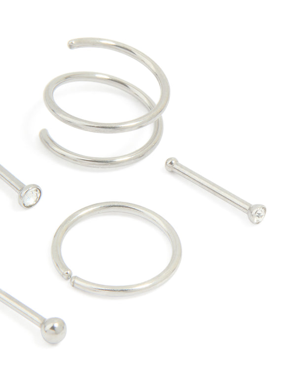 Surgical Steel Cubic Zirconia Bezel Nose Stud & Rings 6-Pack