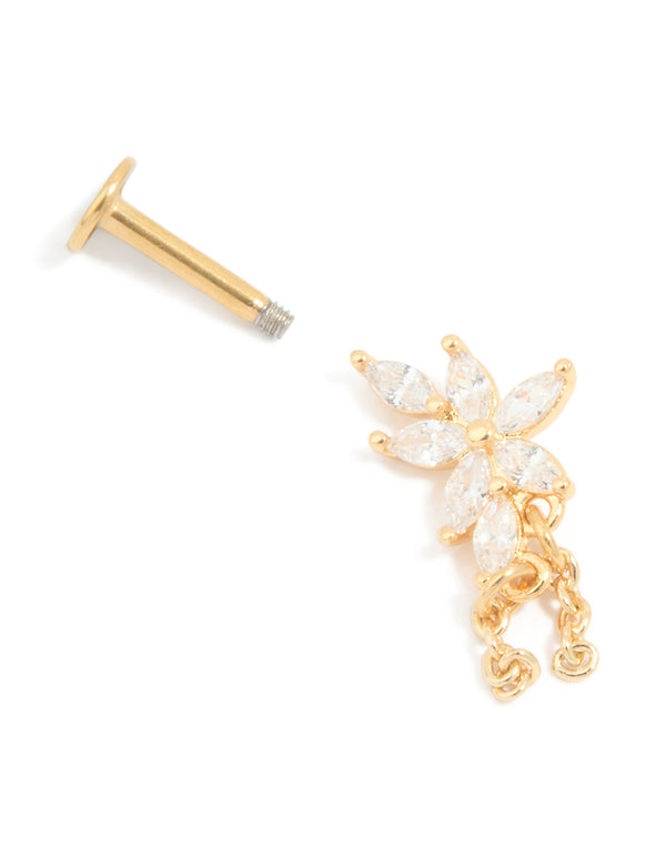 Gold Plated Surgical Steel Cubic Zirconia Leaf Chain Flat Back Stud