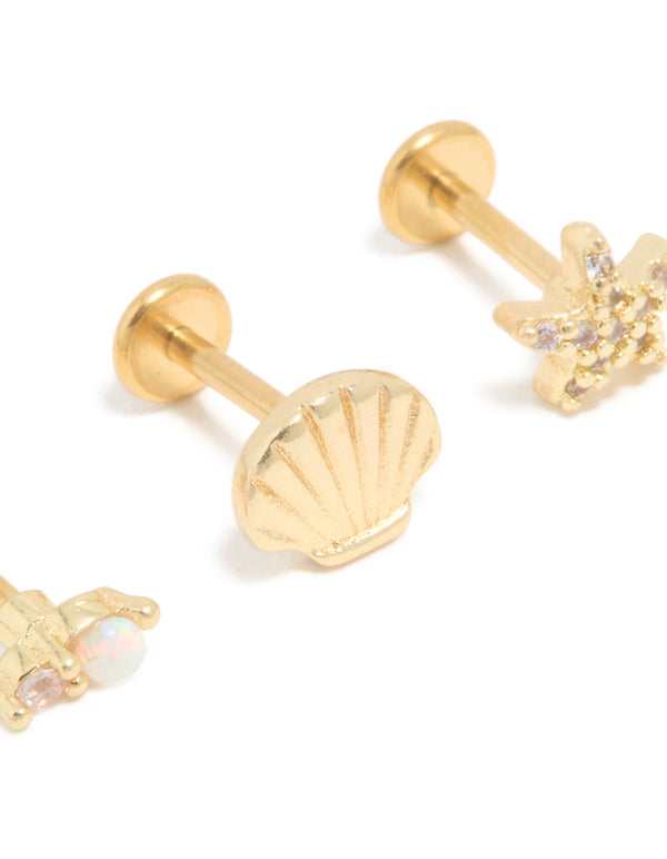 Gold Plated Surgical Steel Diamante Sea-Inspired Flat Back Studs 3-Pack