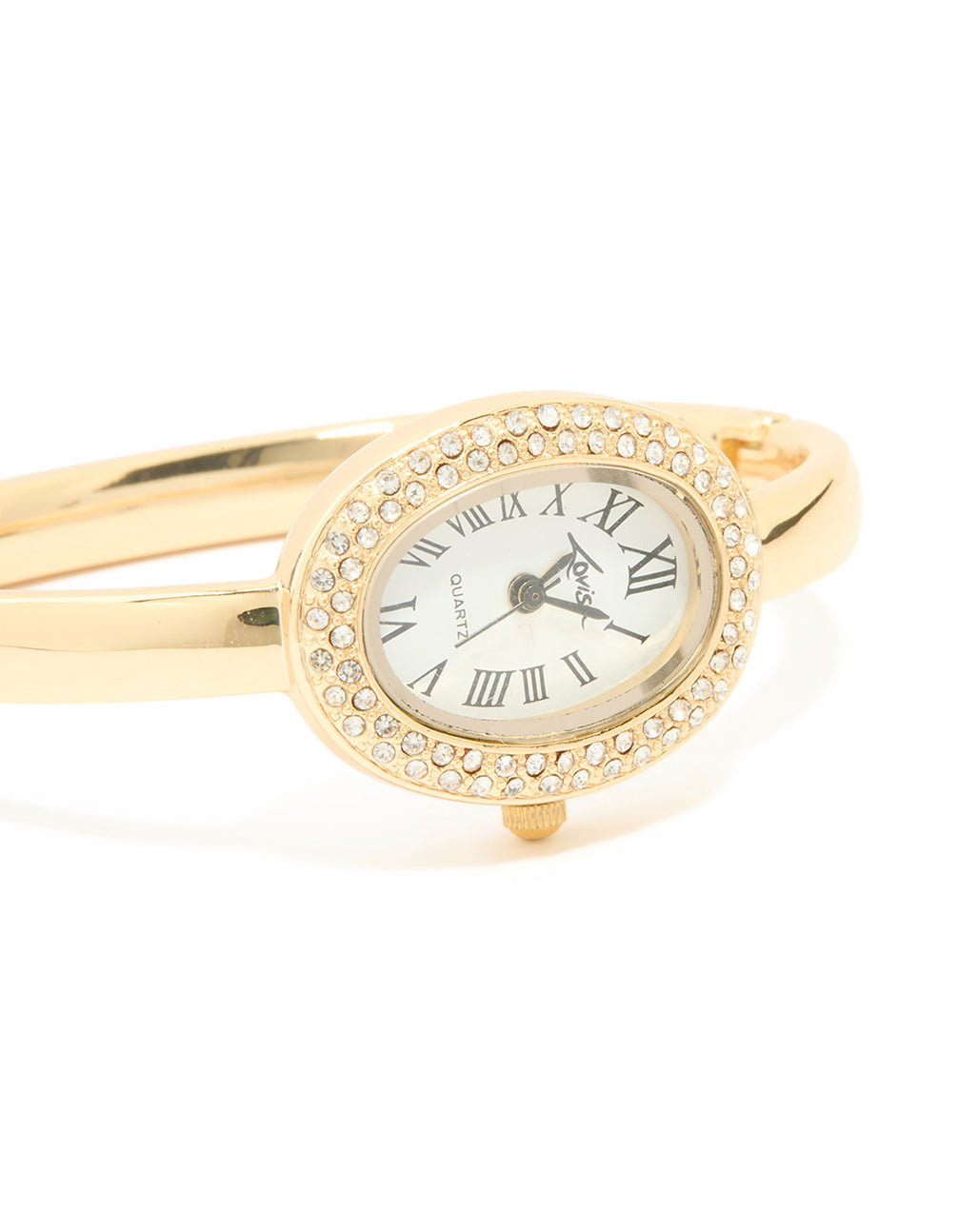 Discover a gold diamante oval bangle watch featuring white dial with roman numerals, statement style for women, designed for casual occasions with analog display watch face detail view