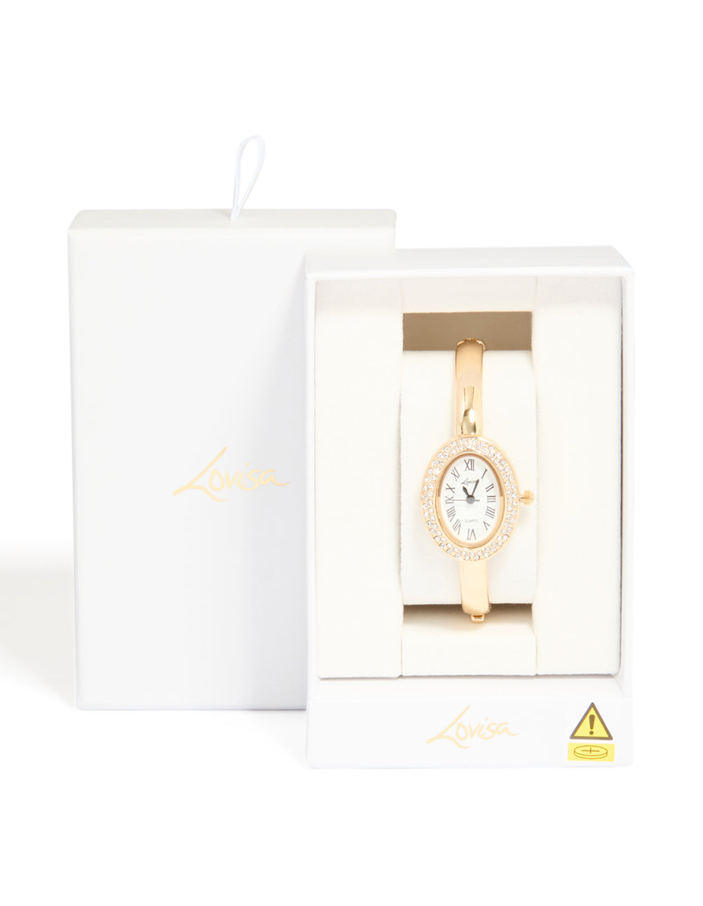 Presenting a gold diamante oval bangle watch featuring white dial with roman numerals, statement style for women, designed for casual occasions with analog display shown in packaging case detail view