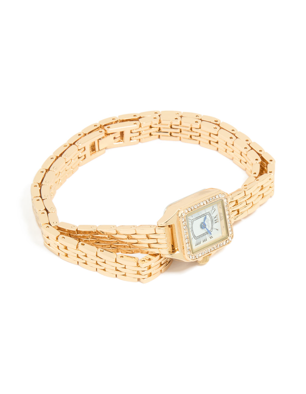 Designed to impress, this gold diamante mini double strap watch features a blue dial with roman numerals, rectangle shape, women's formal analog timepiece with link band front view
