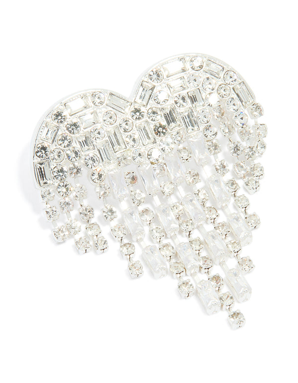 Silver Diamante Fringe Heart Brooch